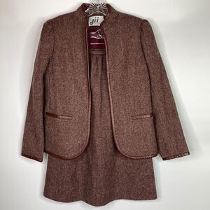 Vintage JH Collectibles Burgundy Wool Leather Trimmed Blazer Skirt Set Size 6